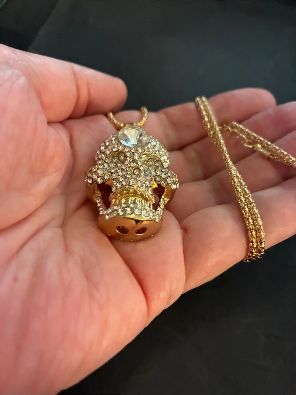 Crystal Gold Tone Skull Pendant Necklace
